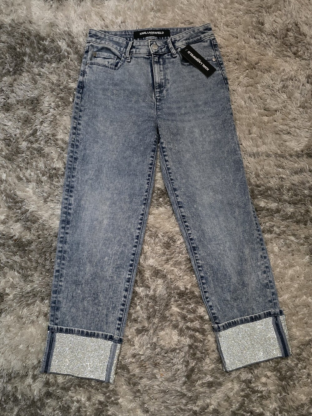 Karl Lagerfeld Women's Blue Ankle Jeans with Sparkle Cuffs